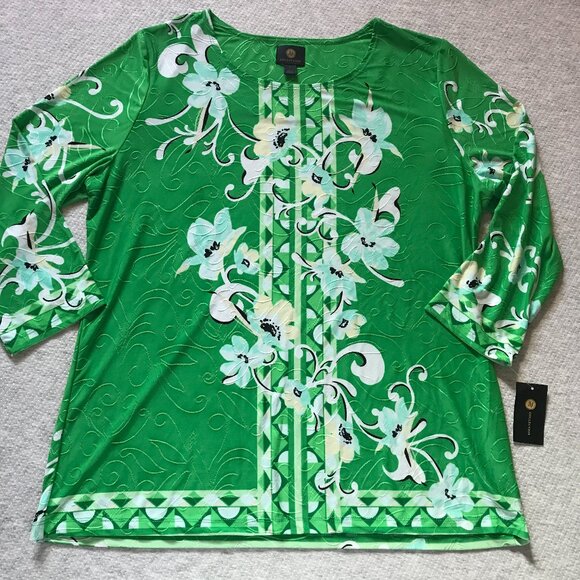NWT JM Collection Green Floral Print Abstract 3/4 Sleeve Stretch Textured Top L - Picture 1 of 3